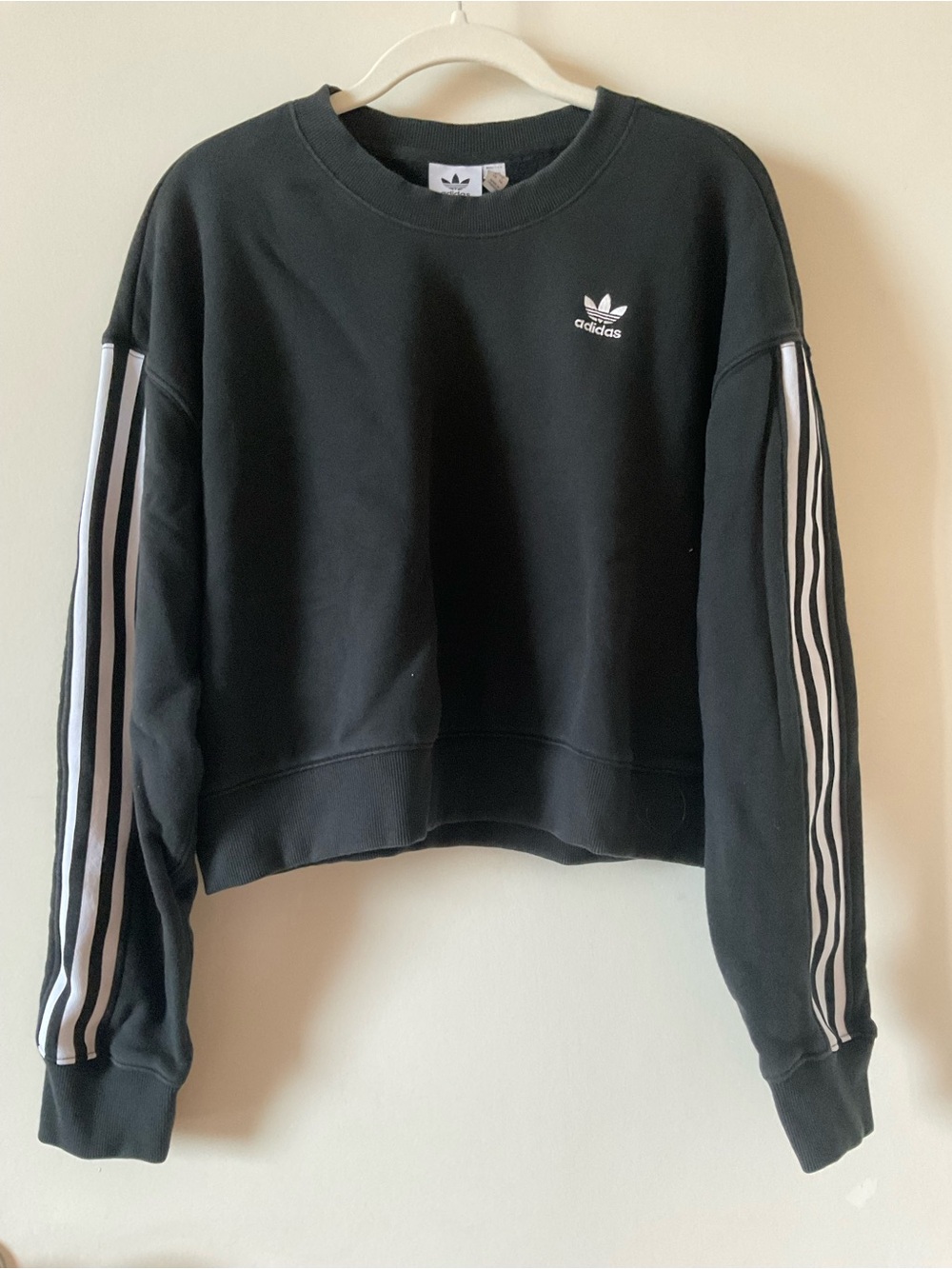 adidas Black Cropped Crew Sweatshirt with White Stripe Sleeves